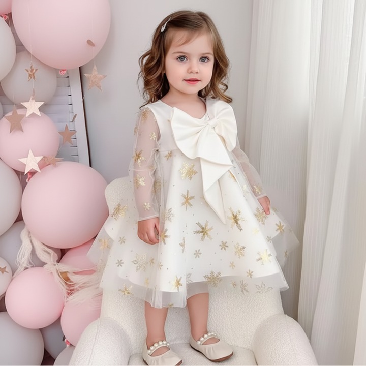 Rochie Alba cu Fulgi de Nea Argintii Sandra, Alb