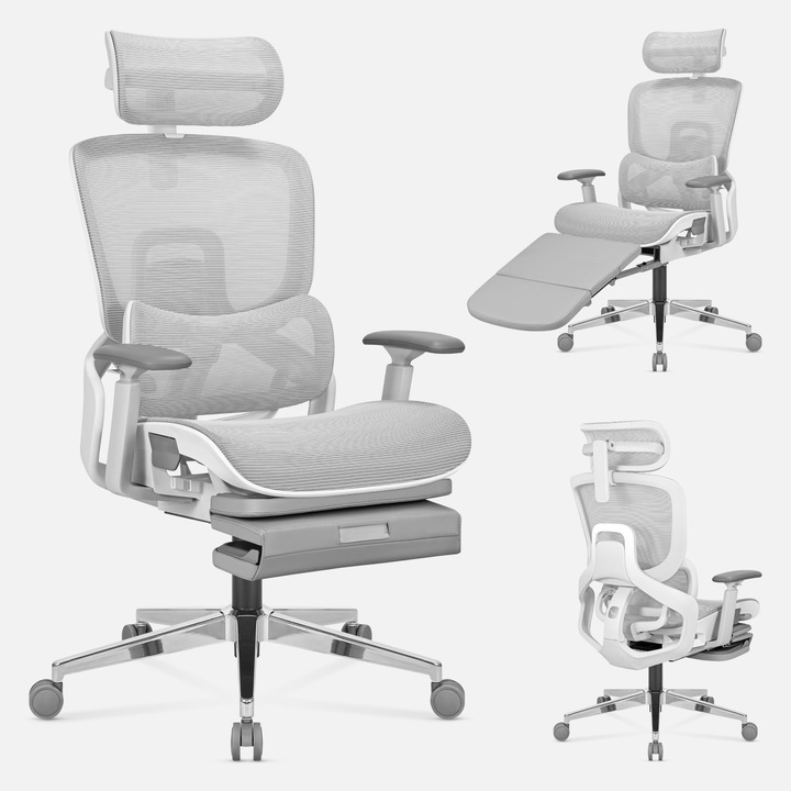 Scaun ergonomic Mark Adler Expert 9.3, suport extensibil pentru picioare, inclinare spatar pana la 145°, Suport lombar, capacitate 130 kg, Ergonomie premium, Gri