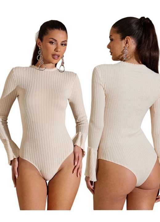 Body pentru femei, tricot jacquard cu dungi, mansete largi, confortabil, cald, rezistent la frig, elegant, senzual, Bej