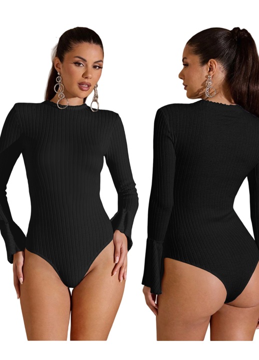 Body pentru femei, tricot jacquard cu dungi, mansete largi, confortabil, cald, rezistent la frig, elegant, senzual, Negru