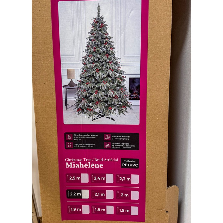 Brad artificial Sersimo, Miahelene Elite, verde nins cu merisoare, mix 2D+3D, 220 cm