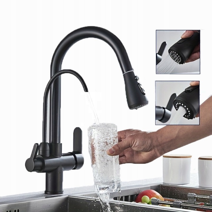 Кухненски смесител AjieQaQ, 3 пътя, матово черен, издърпващ се, въртящ се чучур