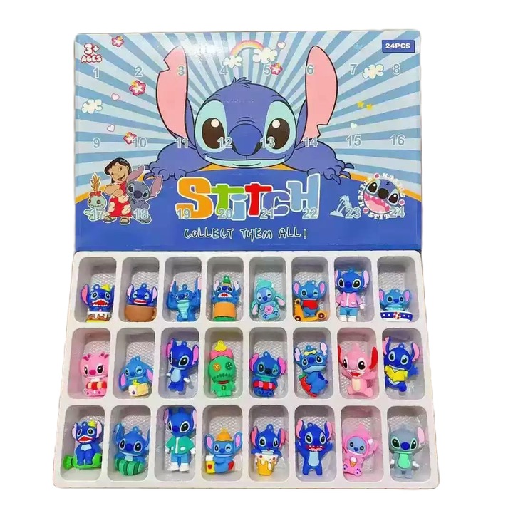 Комплект 24 фигурки Стич, адвент календар, гумени, 4 см, BimBimBo
