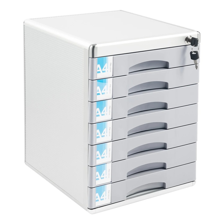 Organizator documente, Sertariera de birou, 7 sertare, inchidere cu 2 chei, format A4, inaltime sertar 5 cm, aliaj de aluminiu, gri