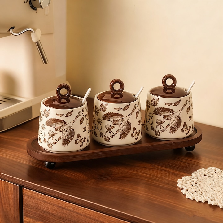 Set 3 recipiente condimente, SWJOYOL, ceramica, capacitate 200 ml, 30x10x7cm