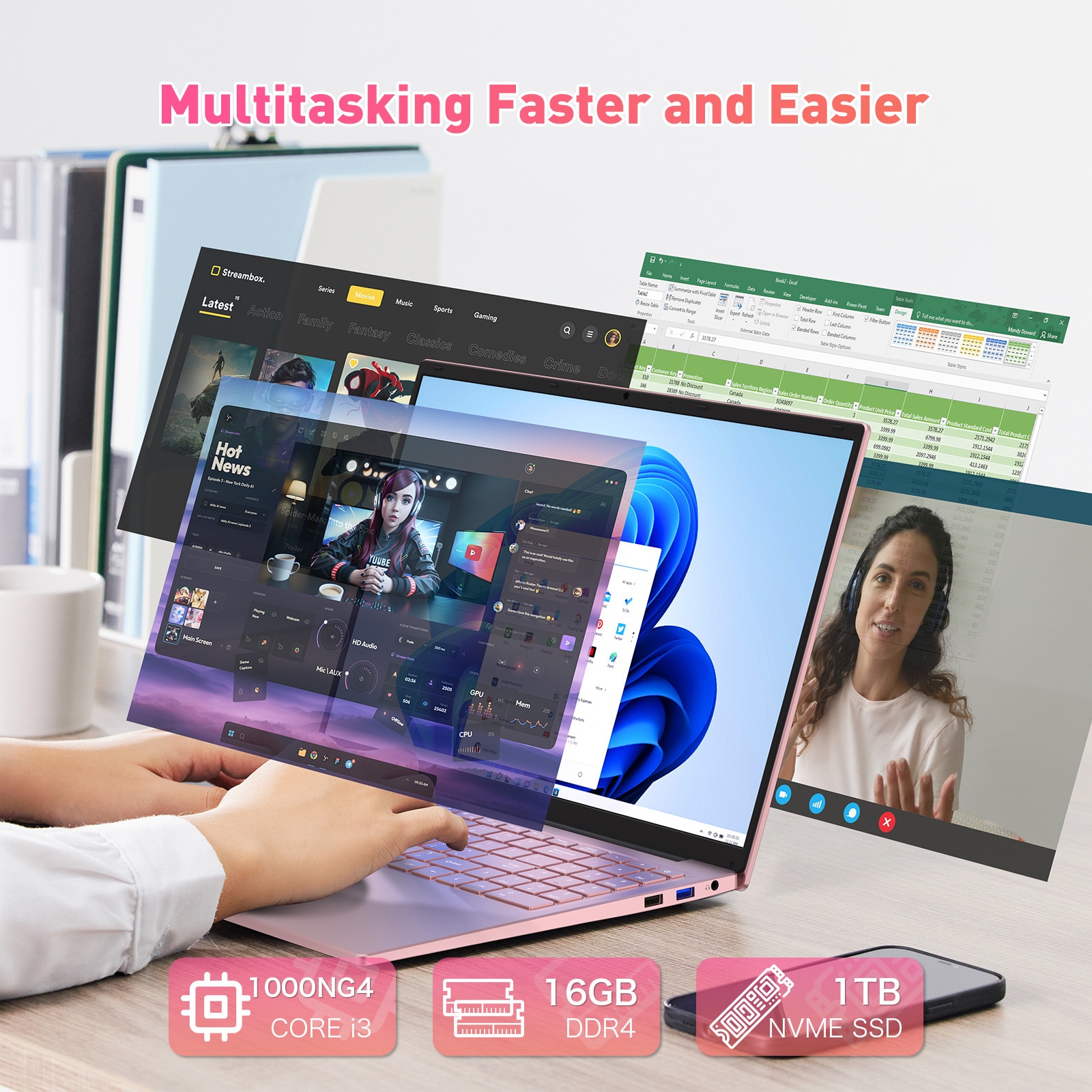 Laptop Auusda, Procesor Intel Corel i3 1000NG4 (pana la 3.2 GHz),, 16GB, SSD 1TB, Roz, 16" FHD, Windows 11 Pro, Intel Iris Plus Graphics, Roz
