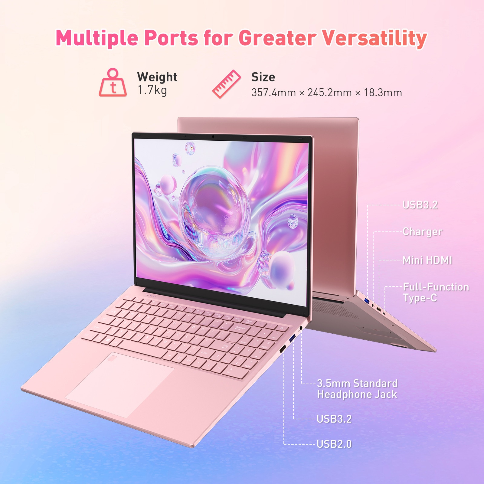 Laptop Auusda, Procesor Intel Corel i3 1000NG4 (pana la 3.2 GHz),, 16GB, SSD 1TB, Roz, 16" FHD, Windows 11 Pro, Intel Iris Plus Graphics, Roz