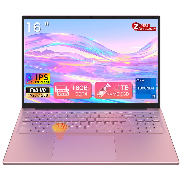 Laptop Auusda, Procesor Intel Corel i3 1000NG4 (pana la 3.2 GHz),, 16GB, SSD 1TB, Roz, 16" FHD, Windows 11 Pro, Intel Iris Plus Graphics, Roz