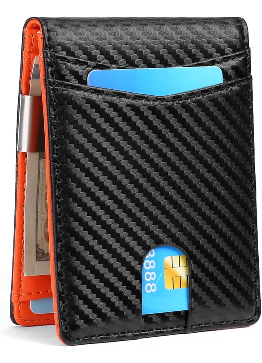 Portofel Pentru Barbati, Oricean®, Protectie Impotriva Furtului, Protectie RFID Pentru Carduri, Piele Subtire Din Fibra De Carbon, Pliabil, Negru/Portocaliu