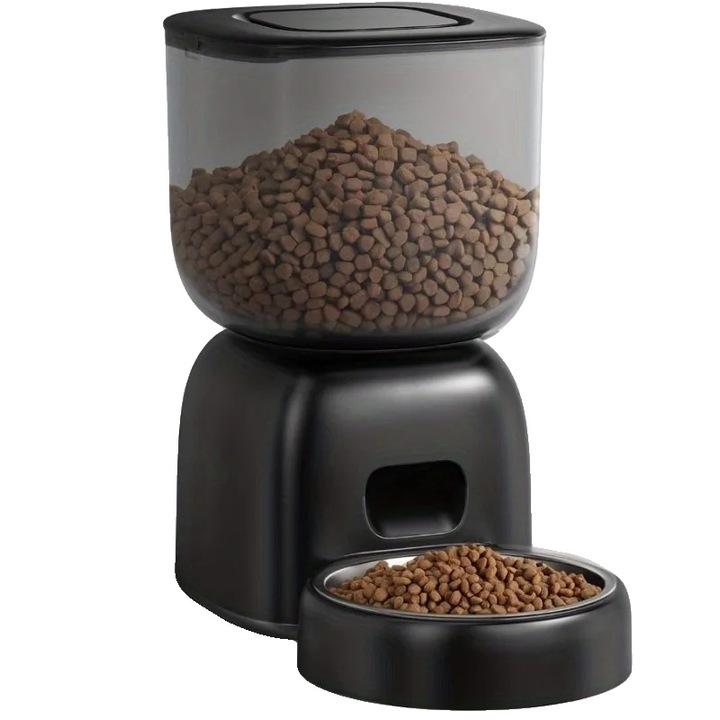 Dispenser automat pentru hrana, negru, dimensiune standard, din plastic, pentru caini si pisici