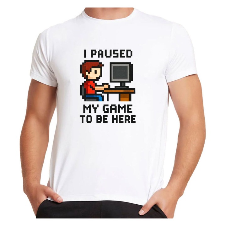 Унисекс тениска, модел "I PAUSED MY GAME TO BE HERE", бяла, M