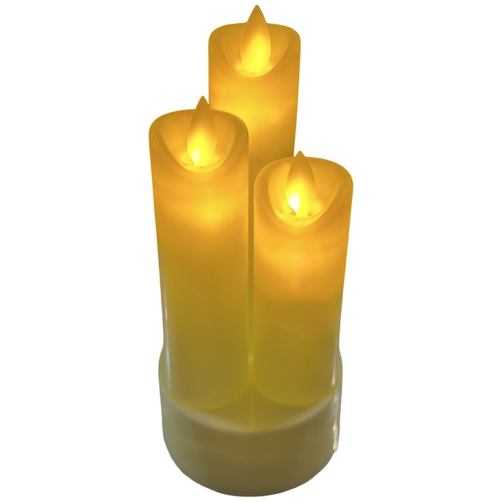 LED dekoratív gyertyakészlet valósághű lánghatással, 3 darab tartón egyesítve, elemes