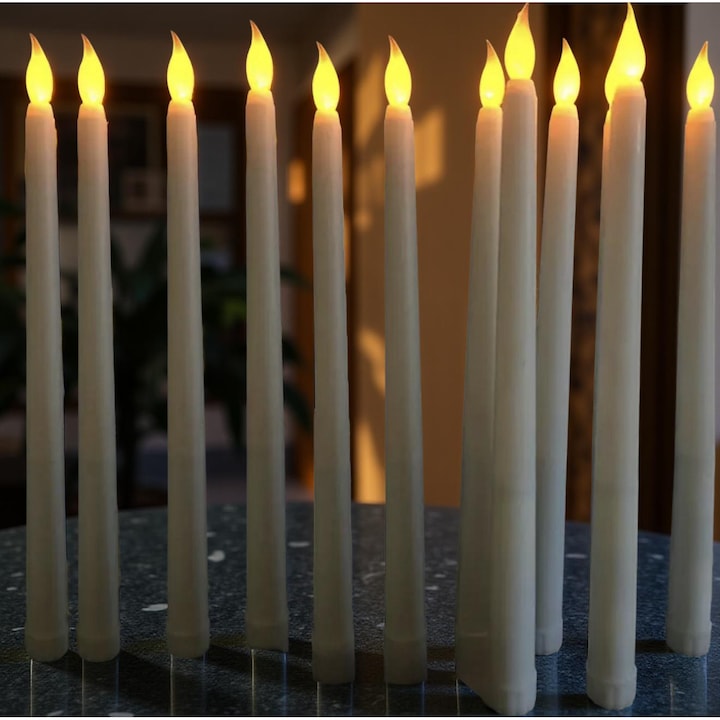 Set 12 lumanari LED decorative albe, efect de flacara realista, pe baterii