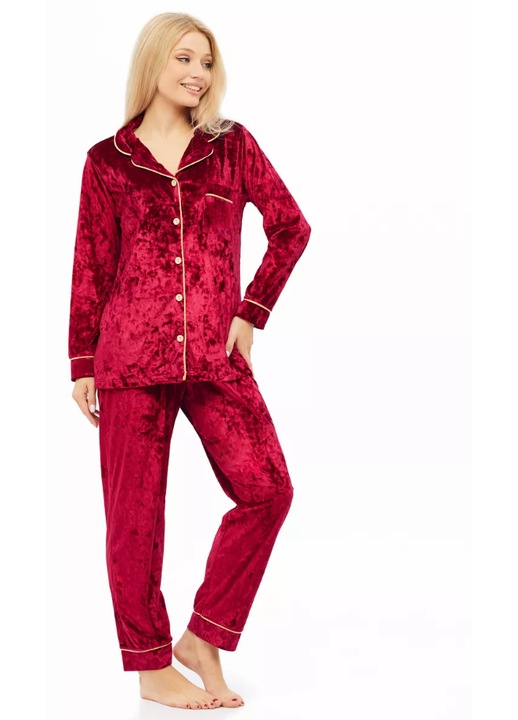 Set pijama dama, catifea metalizata, maneca lunga, talie elastica, Bordeaux rosu