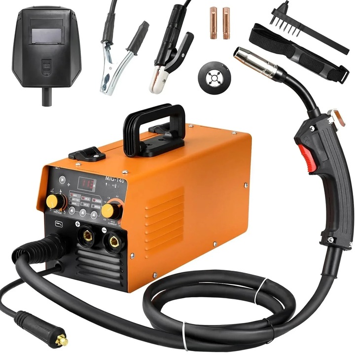 Aparat de sudura MIG, MIG 140 A Invertor, Sarma tubulara 0, 8 mm fara gaz, Avans automat al sarmei, 230 V Stecher UE, Portabil 7, 5 kg