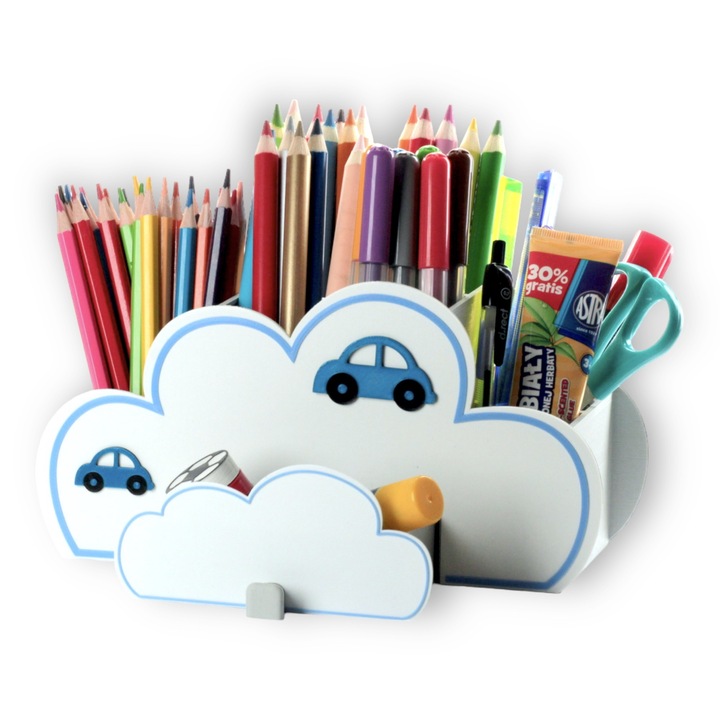 Organizator de birou pentru copii, in forma de nor, cu sertar si 8 compartimente pentru creioane, 23x13x12 cm
