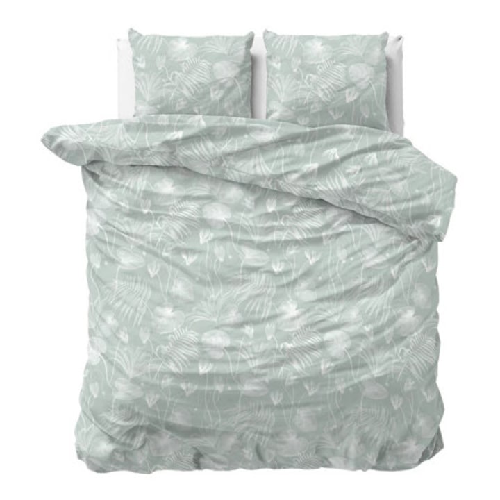 Lenjerie de pat Sleeptime Classy Delight Green, 1x husa pilota 200x220/220 cm, 2x fete de perna 60x70 cm, inchidere capse, microfibra, verde