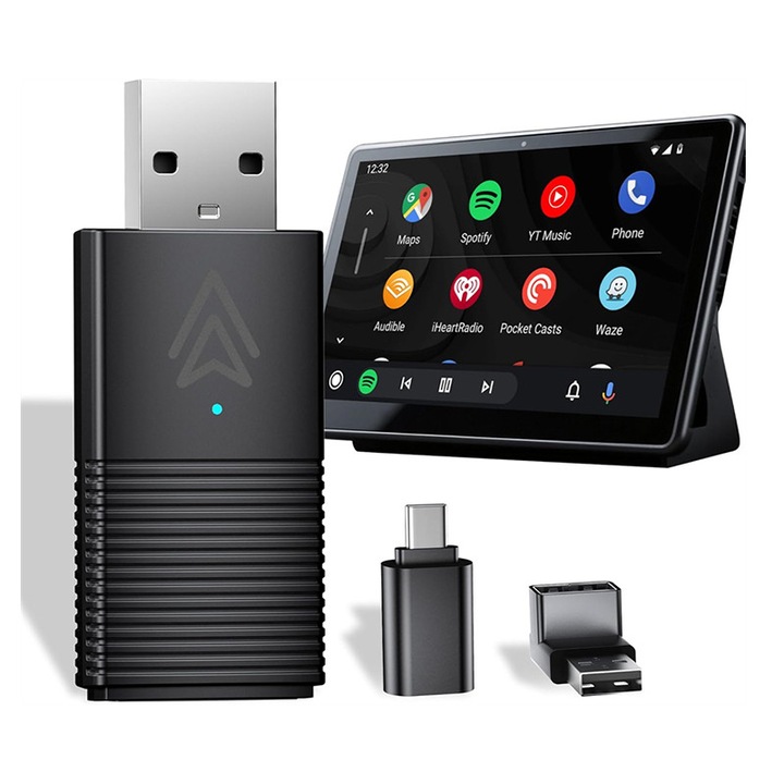 Vezeték nélküli Android autós adapter, AjieQaQ, gyári vezetékes autókhoz Mini Android autós adapter, átalakítja a vezetékes kapcsolatokat vezeték nélküli autós lejátszássá USB és USB-C porton keresztül, plug-and-play Online frissítések Fekete