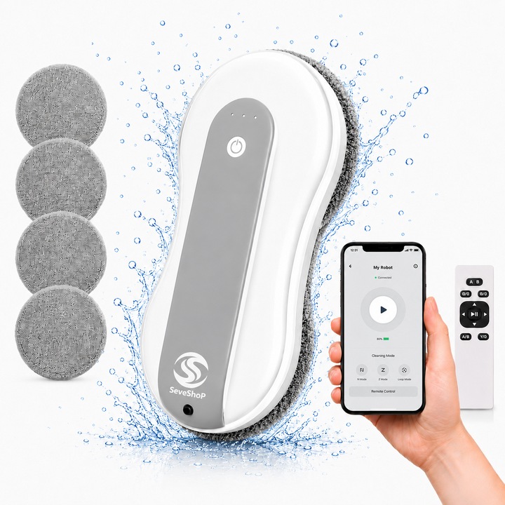 Robot Curatare Geamuri, SeveShop®, Robot Spalat Geamuri Cu Pulverizare Apa Bidirectionala, Stergator Electric Ultra-Subtire Pentru Sticla, Aspirator Geamuri Cu Control APP Si Telecomanda, Tehnologie iAdapt, Protectie Cvadrupla, Alb