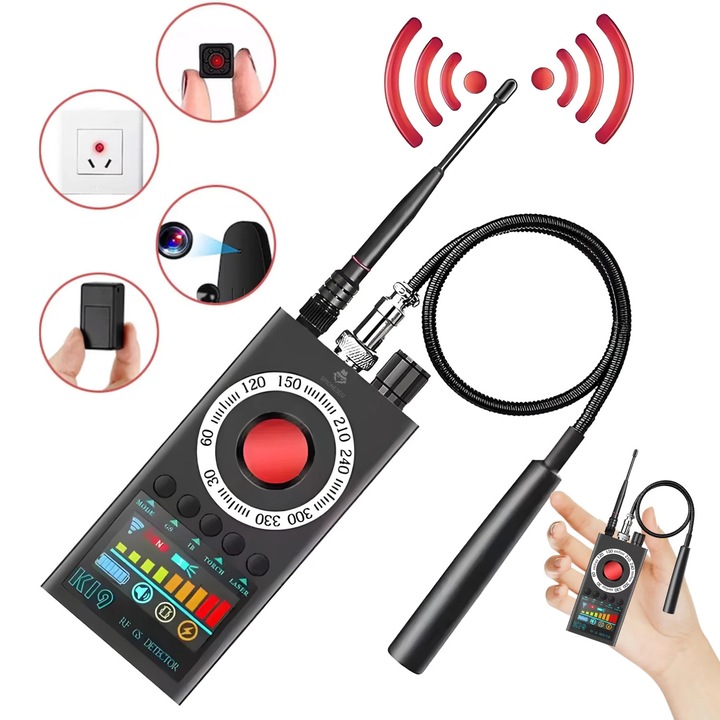 Detector aparate spionaj, K19, Spionescu, cip 3D inteligent, RF GPS, detectie 360°, ecran LED, ajustare sensibilitate, raza 40 m², autonomie 5 ore, baterie 350 mAh, negru