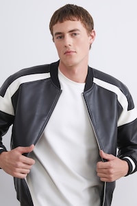 LC WAIKIKI, Jacheta bomber de piele ecologica, Alb, Negru, XL