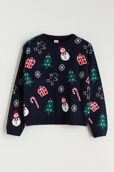 LC WAIKIKI, Pulover cu model de Craciun, Alb/Verde/Bleumarin