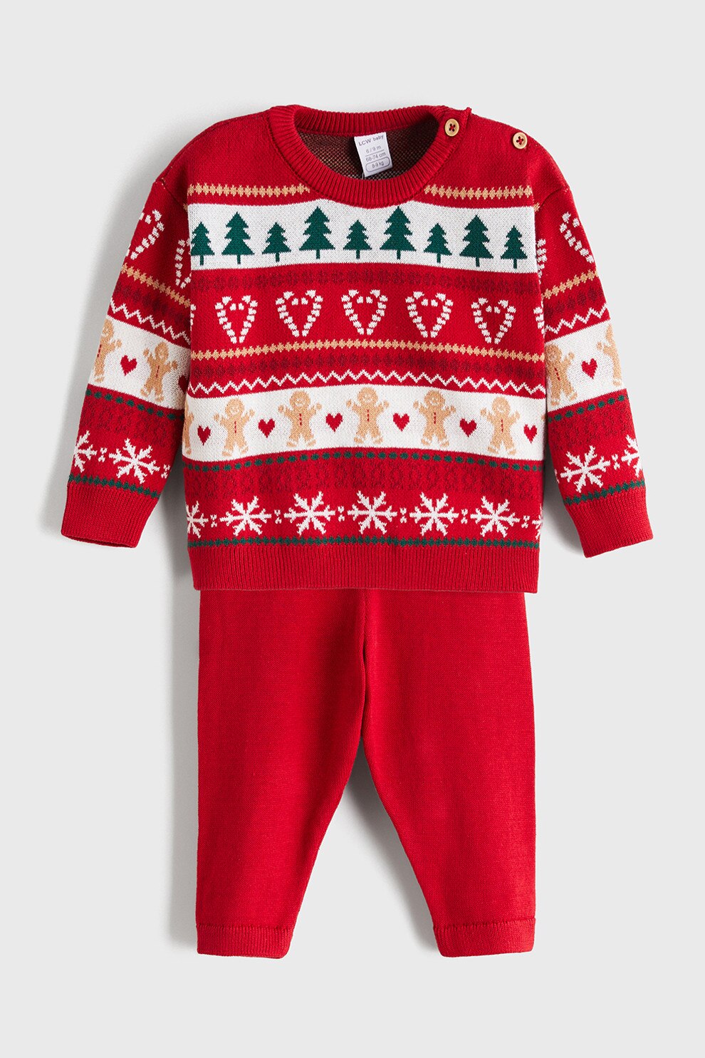 LC WAIKIKI, Set de pulover cu model de Craciun si pantaloni tricotati, Rosu, Alb, Verde, 62-68 CM