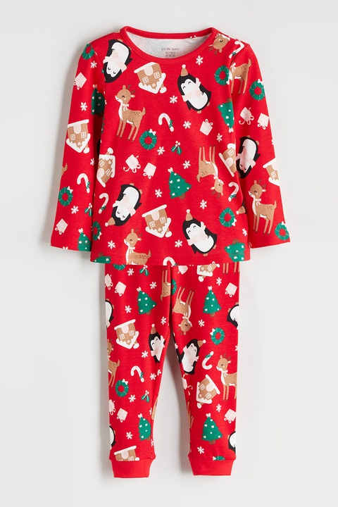 LC WAIKIKI, Pijama de bumbac cu imprimeu tematic de Craciun, Rosu/Alb/Verde