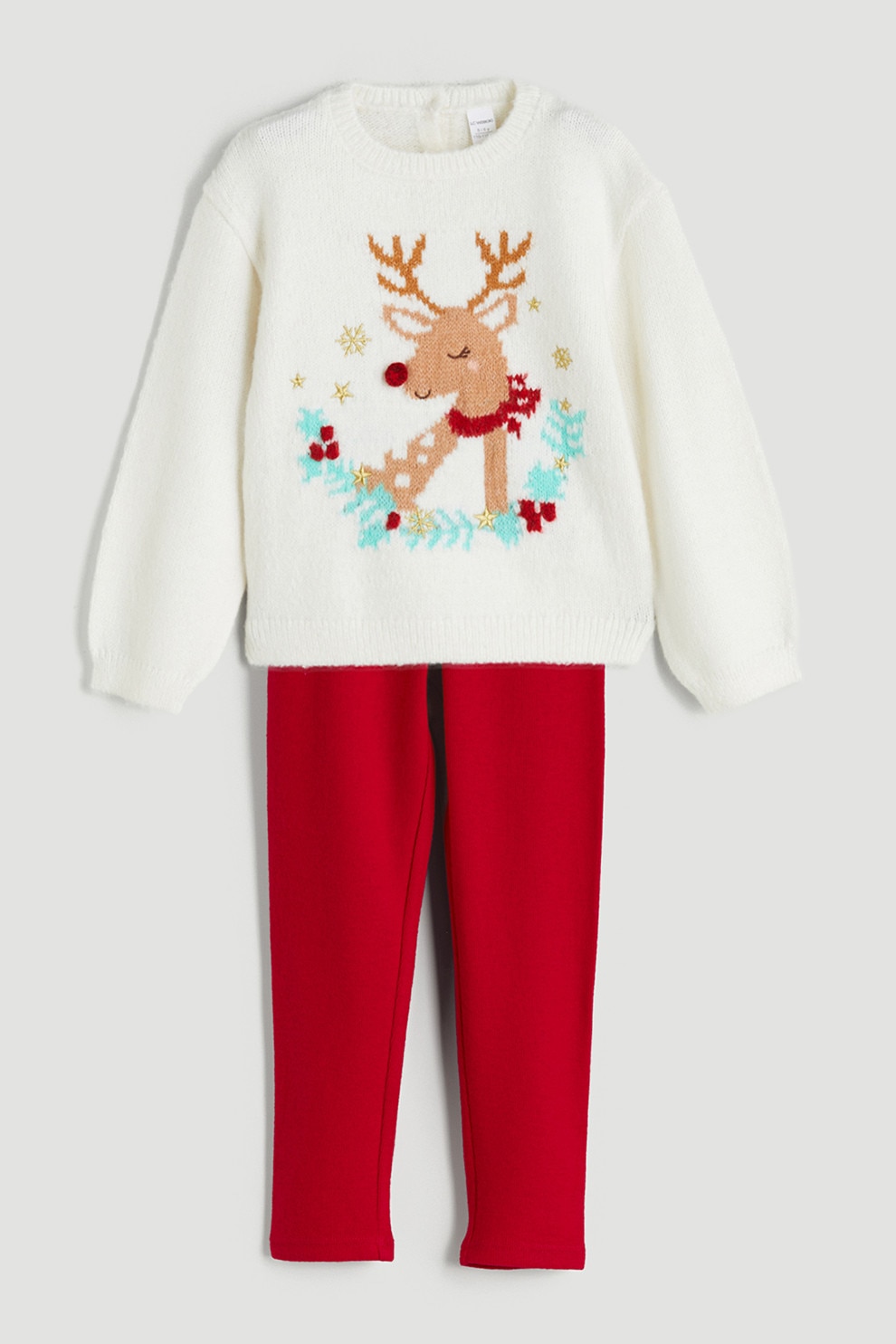 LC WAIKIKI, Set de pantaloni si pulover cu model de Craciun - 2 piese, Rosu, Alb, Albastru glaciar, 98-104 CM