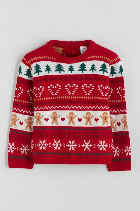 LC WAIKIKI, Pulover cu model tematic Xmas, Rosu/Alb/Verde englez