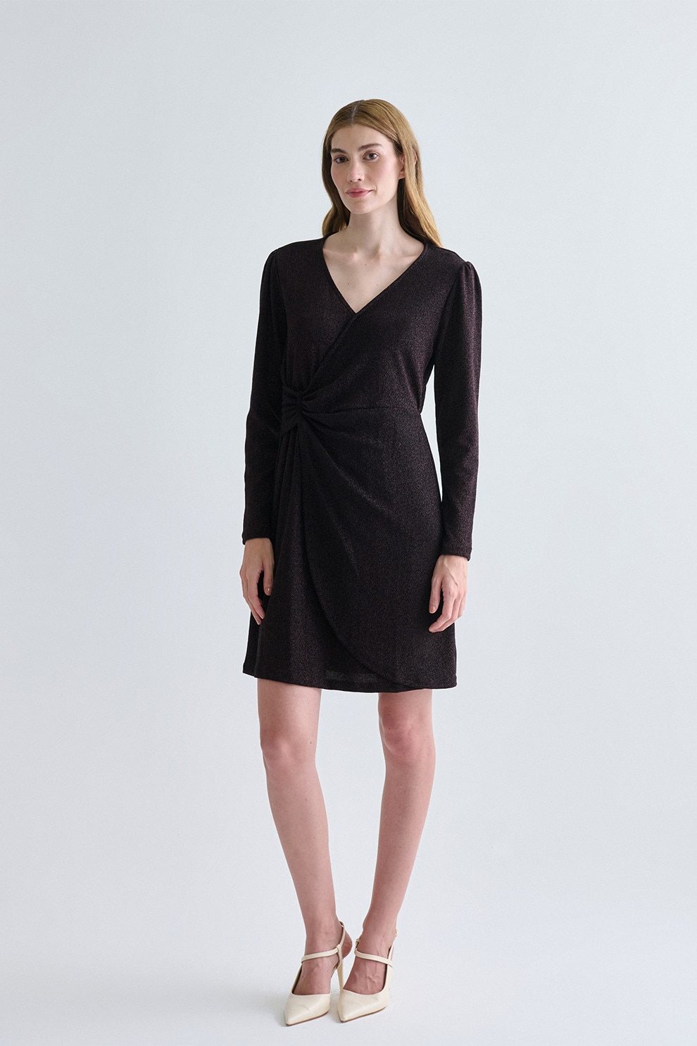 LC WAIKIKI, Rochie cu model petrecut si aspect stralucitor, Maro inchis, Roz, 44