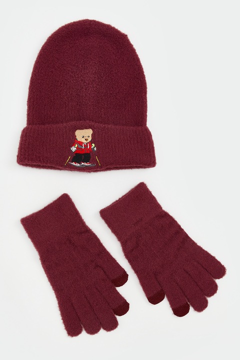 LC WAIKIKI, Set de caciula si manusi compatibile cu ecranul tactil, Visiniu