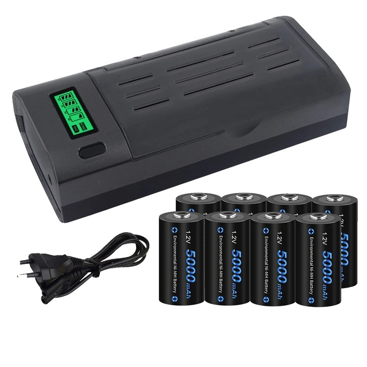 Set 8 Baterii C Reincarcabile 5000mAh cu Incarcator