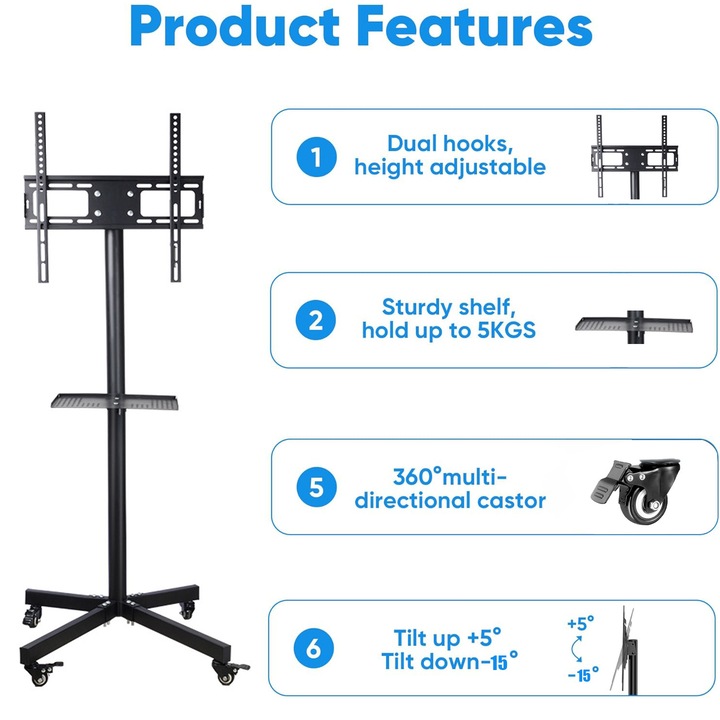 Stand Mobil de Televizor, Piduules, cu Roti Pivotante la 360°, Reglabil, 26-55 Inch, Negru