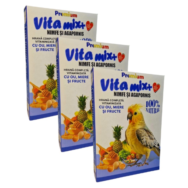 Hrana pentru pasari Vitamix pentru nimfe si agapornis, amestec cu seminte, fructe si legume deshidratate, Pachet 3 x 400g