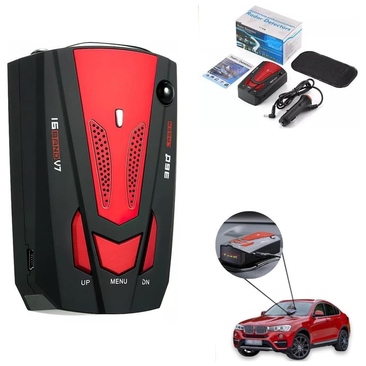 Detector radar, Axroad Mall, 360 Degree Automatic Car Monitoring, Ecran LED, Sistem de alerta de viteza a vehiculului in timp realfiltrare alarme false, Alerta vocala pentru viteza, Mod autostrada/urban, Memorie automata silentioasa, Rosu