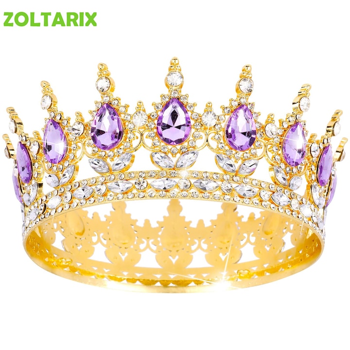 Topper Tort Coronita Cu Pietre Pretioase, ZOLTARIX, decoratiune pentru ornat torturi, Strasuri cu coroana reginei, Coroane si diademe de nunta, Accesorii de par pentru petreceri costumate, Coroana de ziua de nastere, Craciun Parte, Auriu/Violet