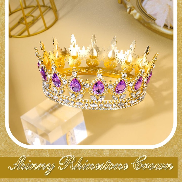 Topper за торта Корона със скъпоценни камъни, ZOLTARIX, декорация за торта, Кристали с кралска корона, Сватбени корони и диадеми, Аксесоари за коса за костюмирани партита, Корона за рожден ден, Коледно парти, Златисто/Виолетово