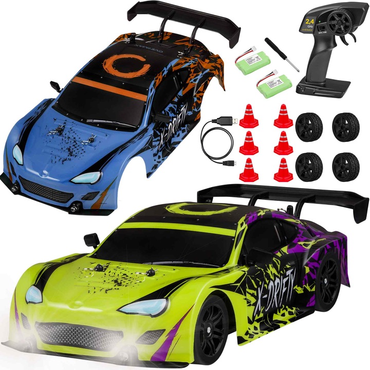 Masina mare cu telecomanda X-Drifty, 80 de metri, Drift Mode, 40 de minute - doua baterii, 2x caroserie colorata
