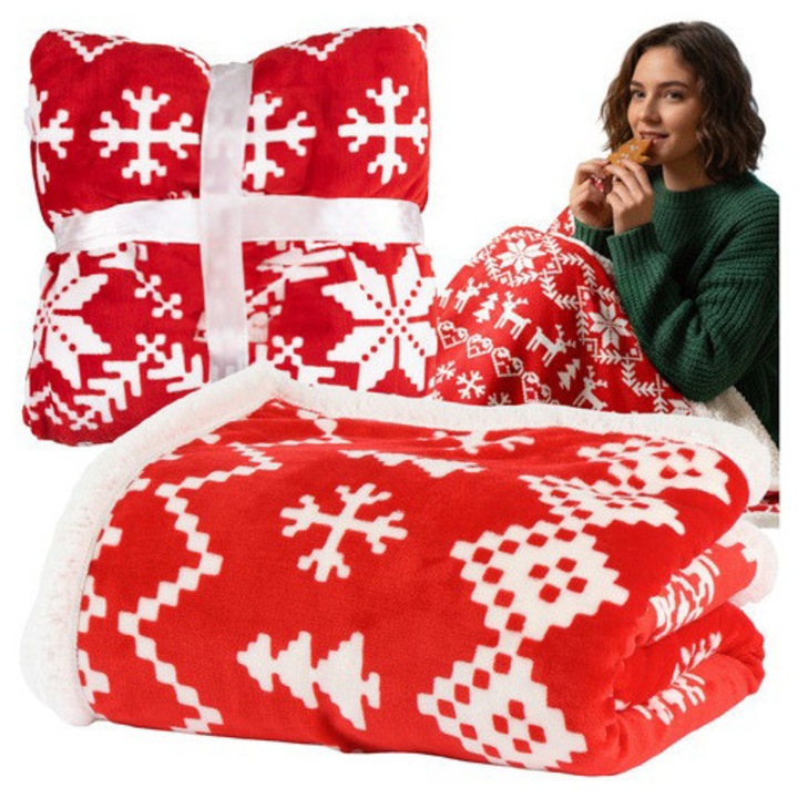 Patură pufoasă festivă ZOLA, model fulgi de zăpadă și reni, alb/rosu, poliester, 130x170cm