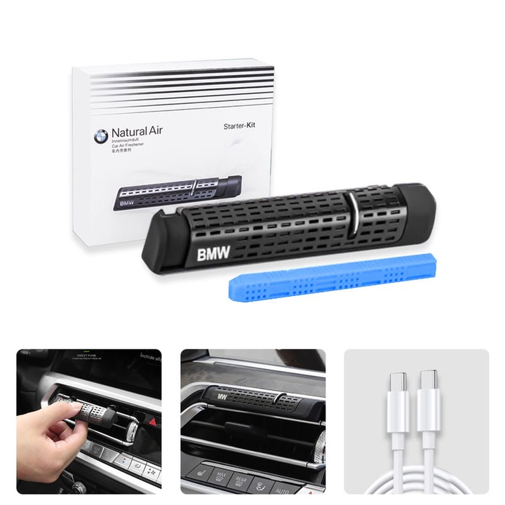 Autóillatosító készlet MagAuto, Újratölthető szilárd parfüm, Fekete vagy ezüst tartó, Sötétkék (Chanel víz), Ajándék USB-C kábel