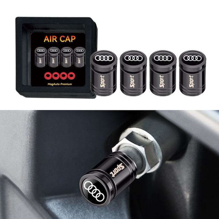 4 db szelepfedél Audihoz – fém, Schrader menetes, 1,5 x 1,0 cm, por/nedvesség elleni védelem – Titánfekete – kompatibilis A1-A8, Q-sorozat