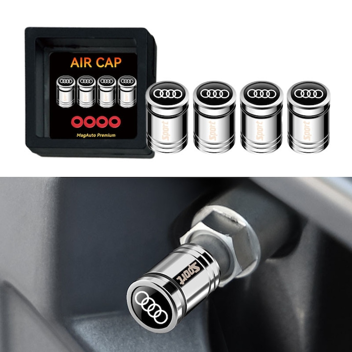 4 db szelepfedél készlet Audihoz – fém, Schrader menetes, 1,5 x 1,0 cm, por/nedvesség elleni védelem – ezüst – A1-A8, Q-sorozattal kompatibilis