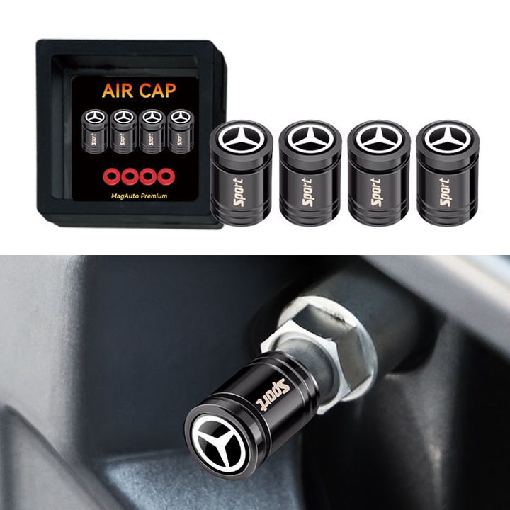 Capace ventil Mercedes – Set 4, metal Negru titan, 1, 5 × 1, 0 cm, filetuire sigura, etansare praf, detaliu premium pentru jante