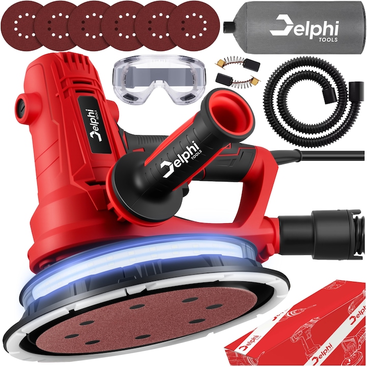 Mașină de slefuit Delphi Tools, 850W, disc 180mm, iluminare LED, set complet