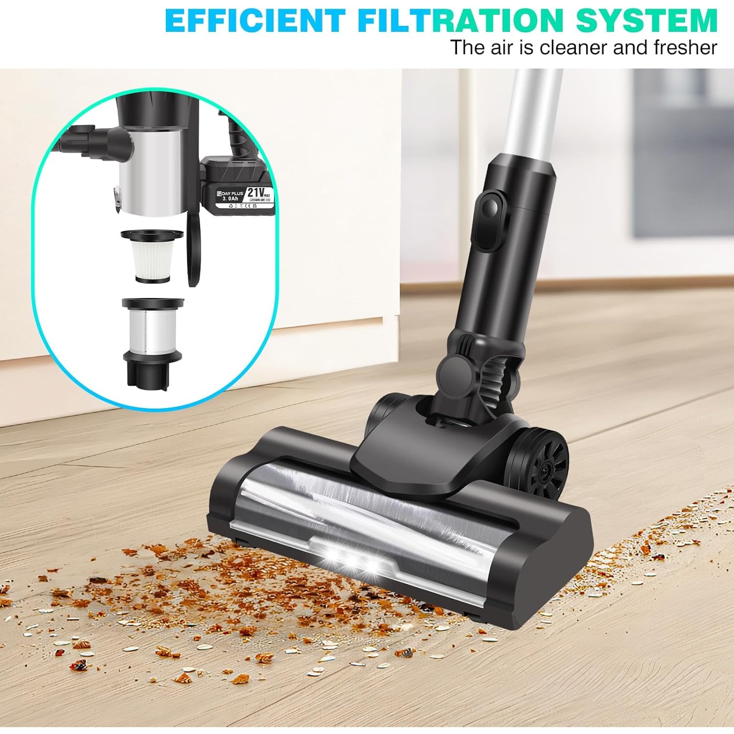 Aspirator vertical fără fir Bedee, 6 în 1, perie LED, negru, 106,5cm