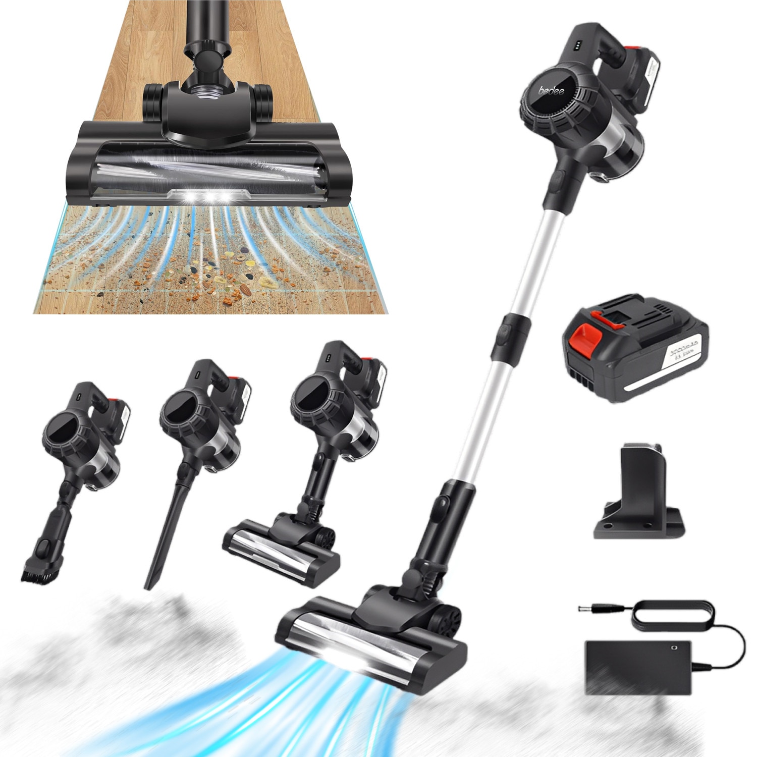 Aspirator vertical fără fir Bedee, 6 în 1, perie LED, negru, 106,5cm