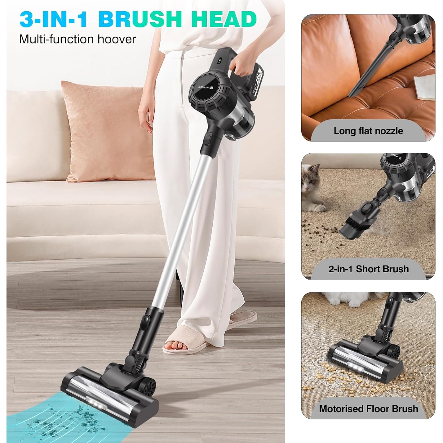 Aspirator vertical fără fir Bedee, 6 în 1, perie LED, negru, 106,5cm