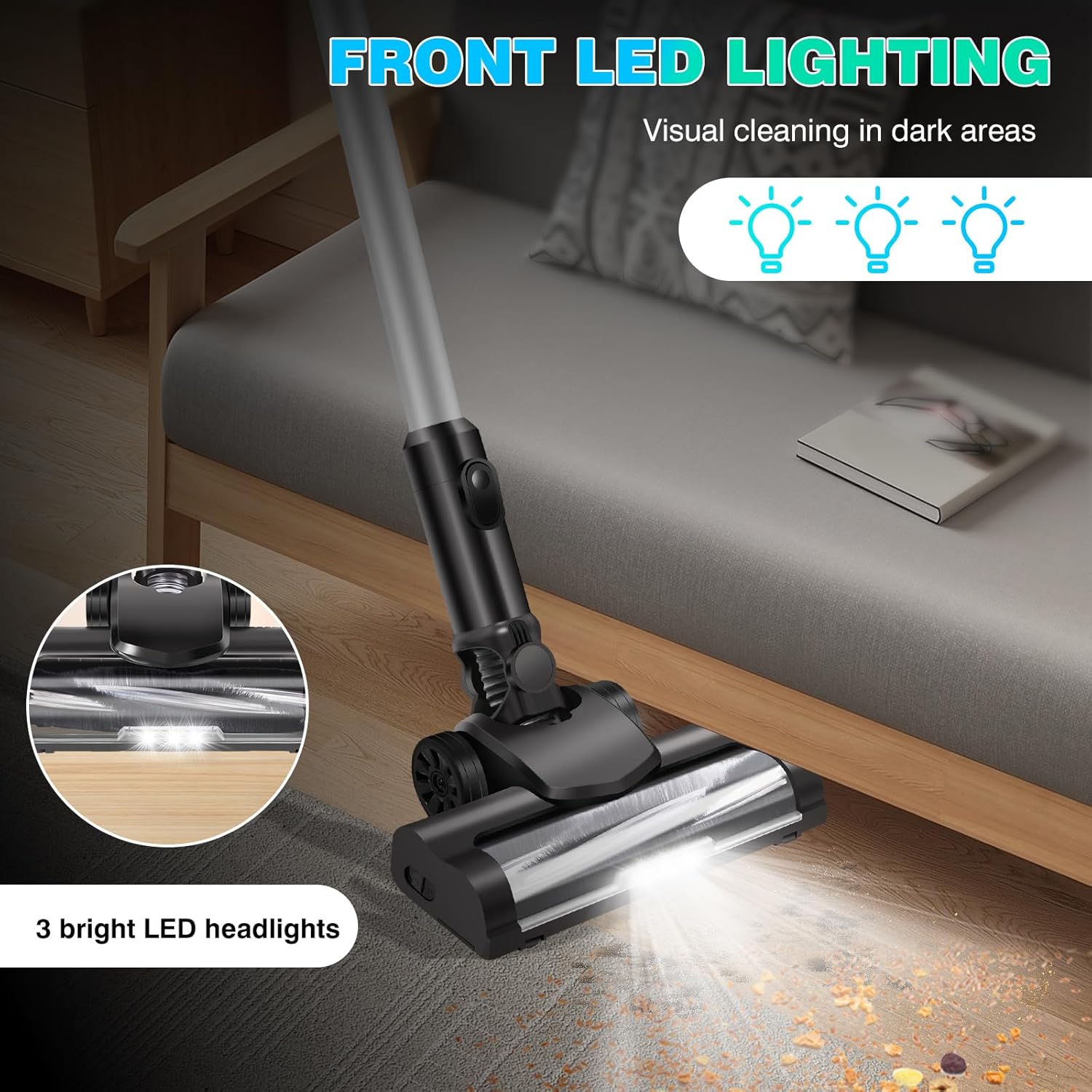 Aspirator vertical fără fir Bedee, 6 în 1, perie LED, negru, 106,5cm