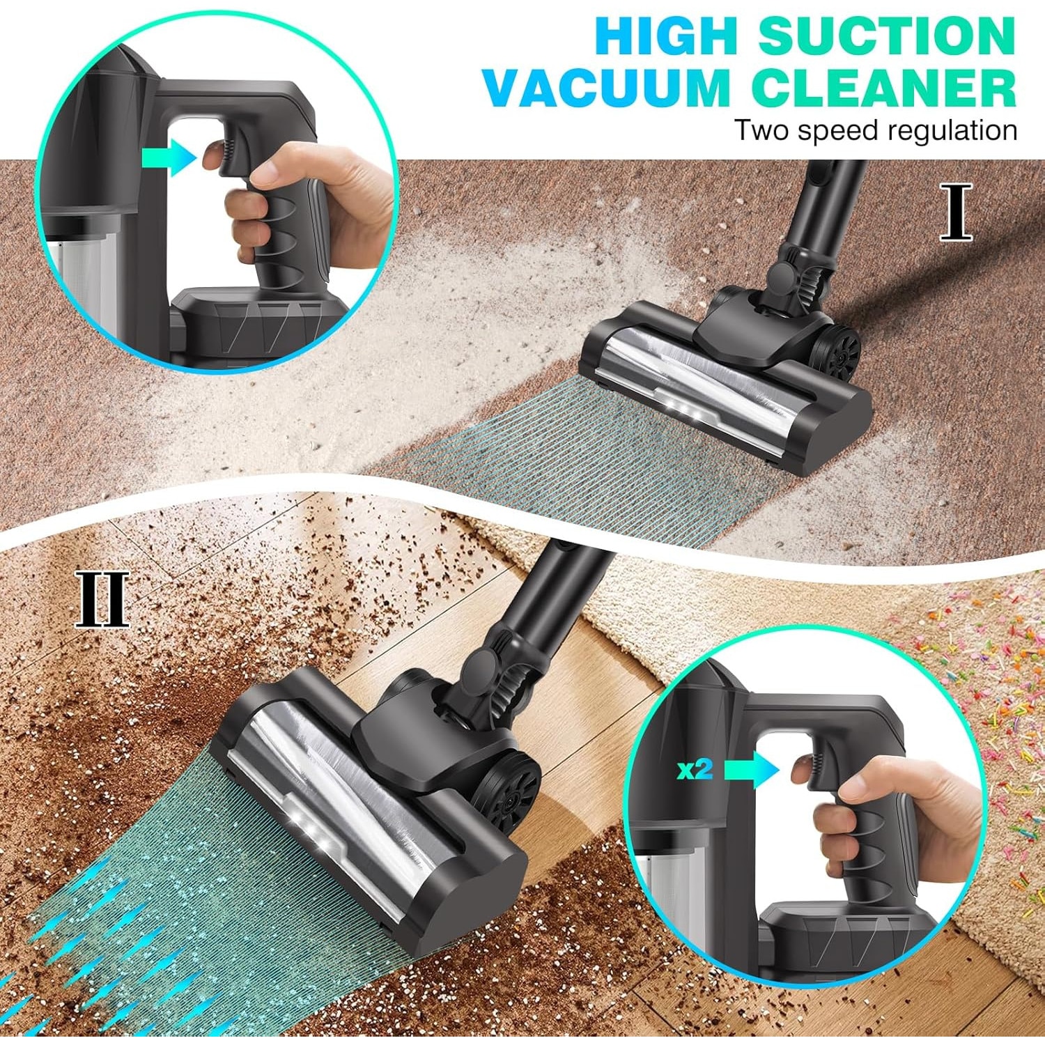 Aspirator vertical fără fir Bedee, 6 în 1, perie LED, negru, 106,5cm